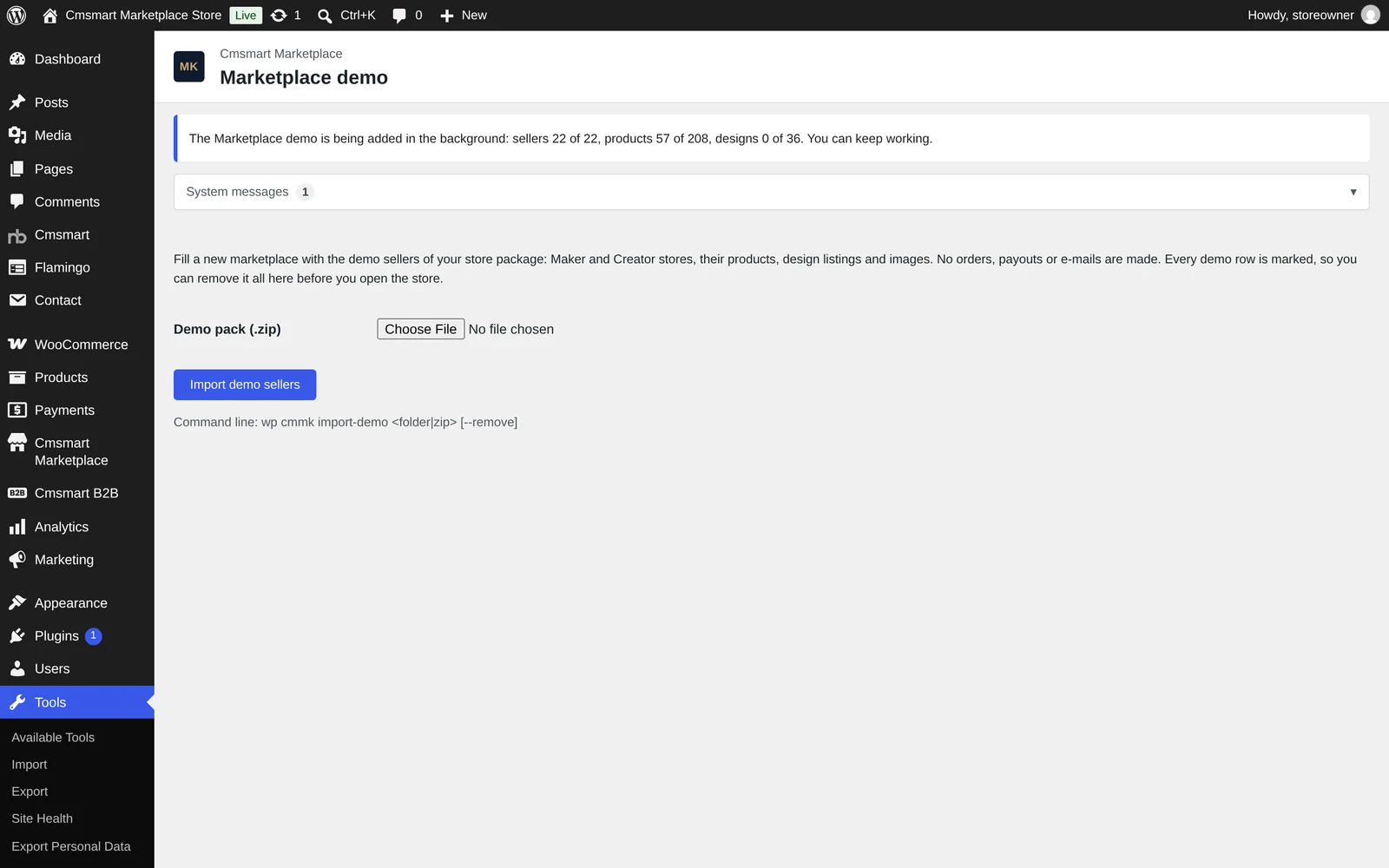 Cmsmart Tools Marketplace demo screen during a multi vendor print marketplace WooCommerce setup, showing the background import in progress with sellers, products and designs counts