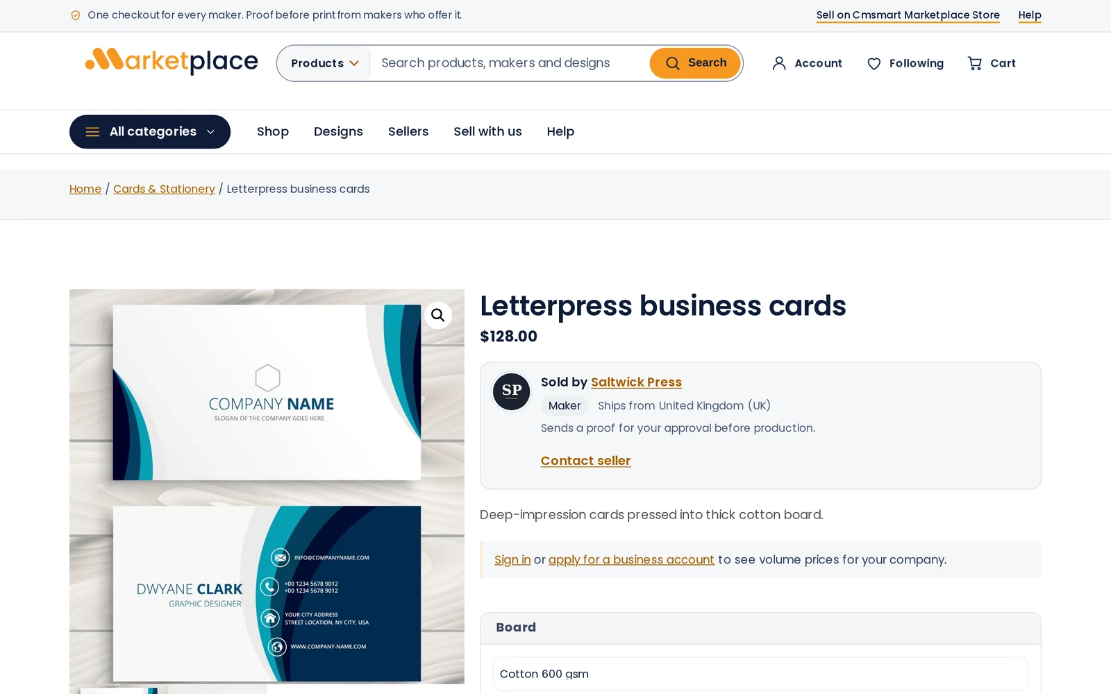 Marketplace product page for Letterpress business cards, sold by Saltwick Press, with a note that the seller sends a proof for approval before production