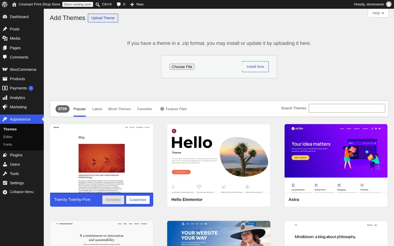 Manually uploading the Cmsmart Stores parent theme zip in WordPress Appearance, Add Themes, before the Store Setup wizard existed