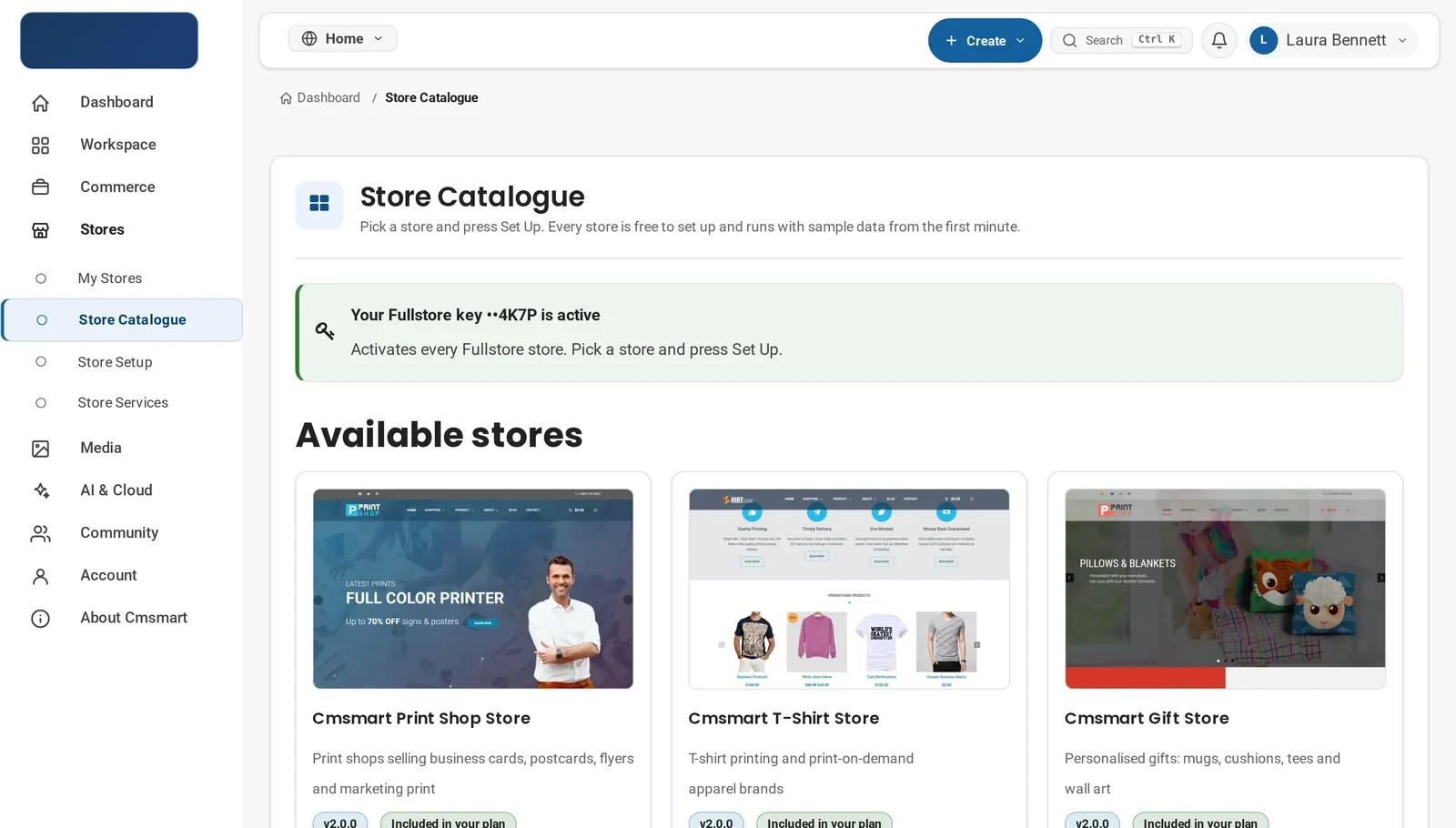 Cmsmart Stores Setup wizard Store Catalogue listing the Print Shop, T-Shirt and Gift stores, each with a Set Up button
