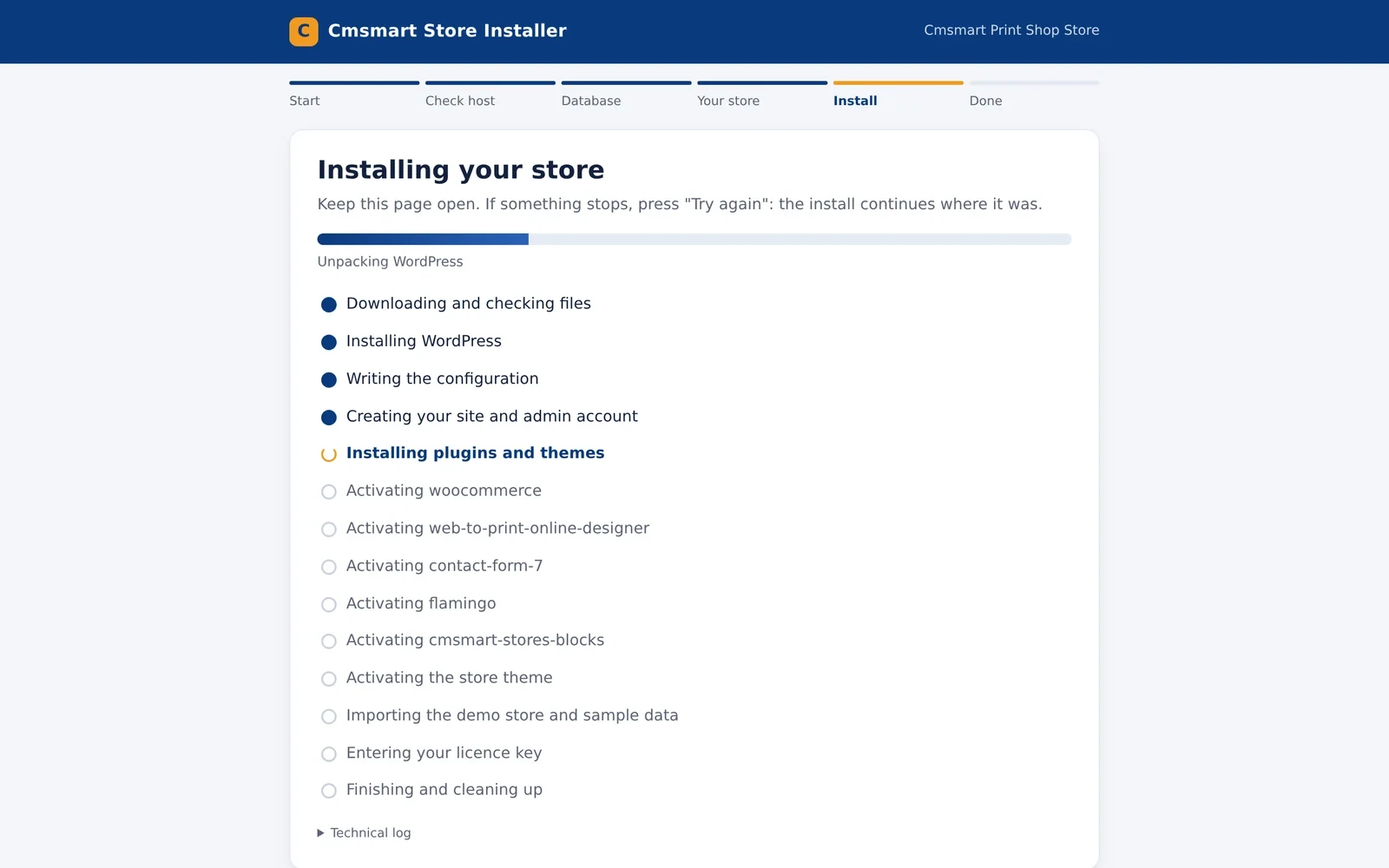 Cmsmart Store Installer running Installing plugins and themes on a live hosting account