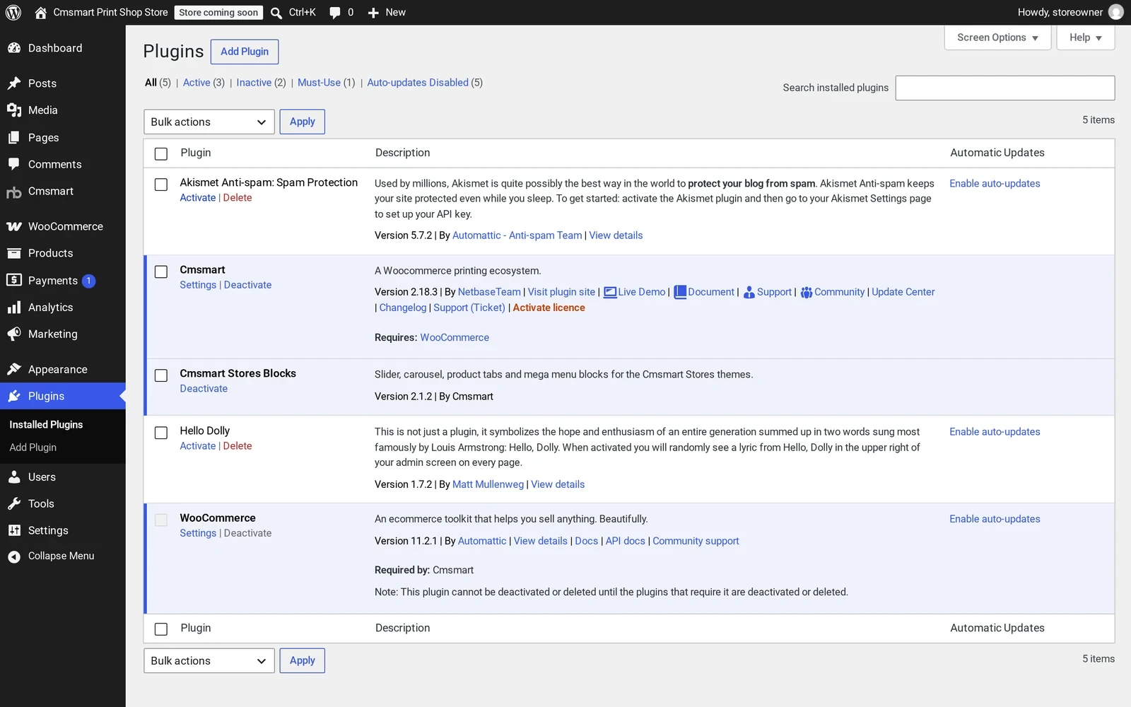 WordPress Plugins screen showing Cmsmart Product Designer 2.18.3 and Cmsmart Stores Blocks 2.1.2 active