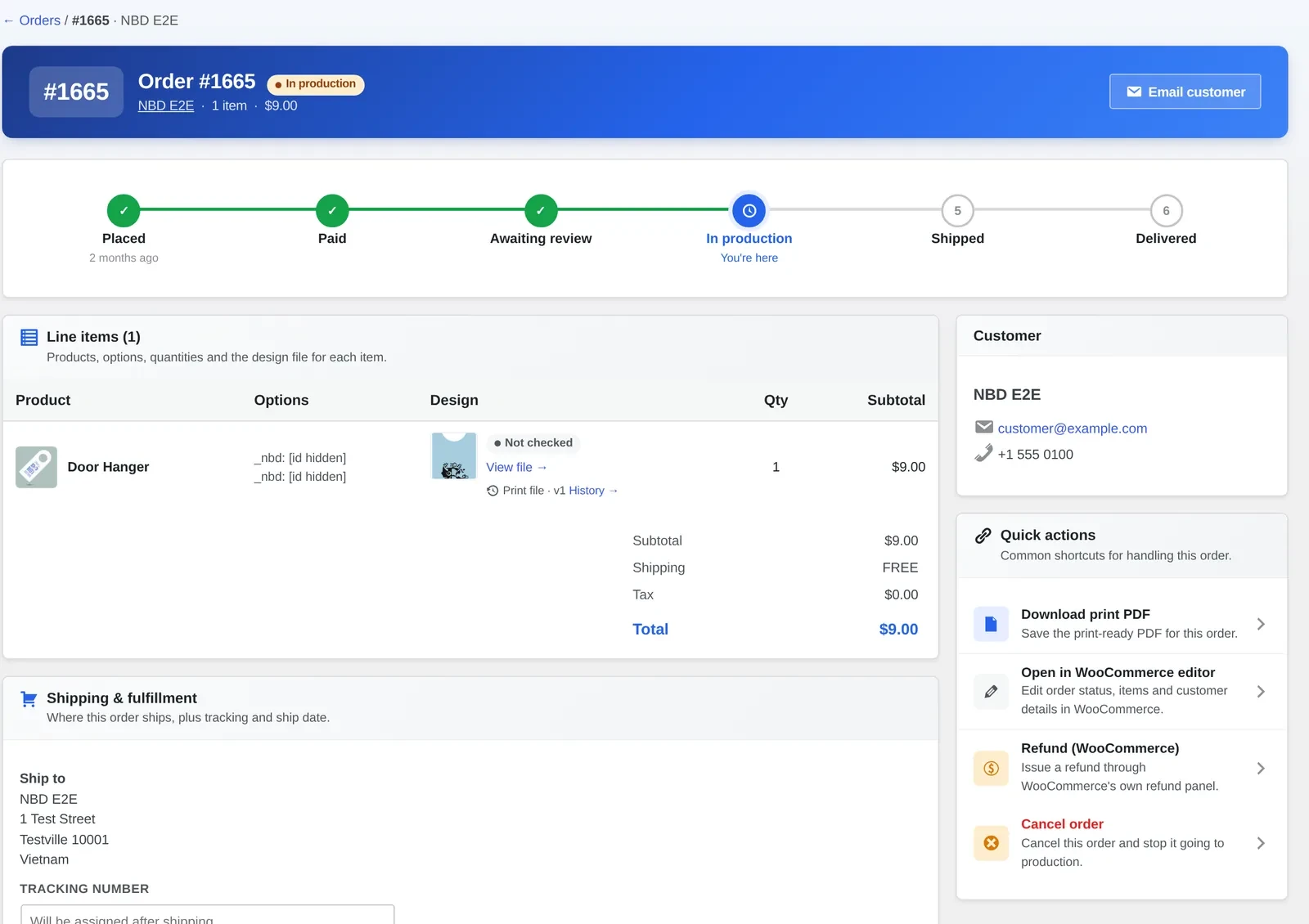 Order timeline and line items in the Cmsmart order detail screen used for a vendor's sub-order