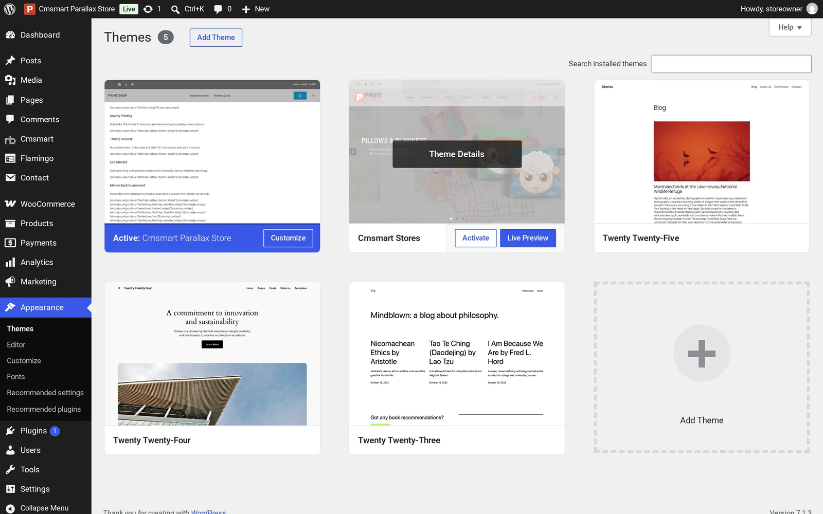 WordPress Appearance Themes screen showing Cmsmart Parallax Store active next to its Cmsmart Stores parent theme