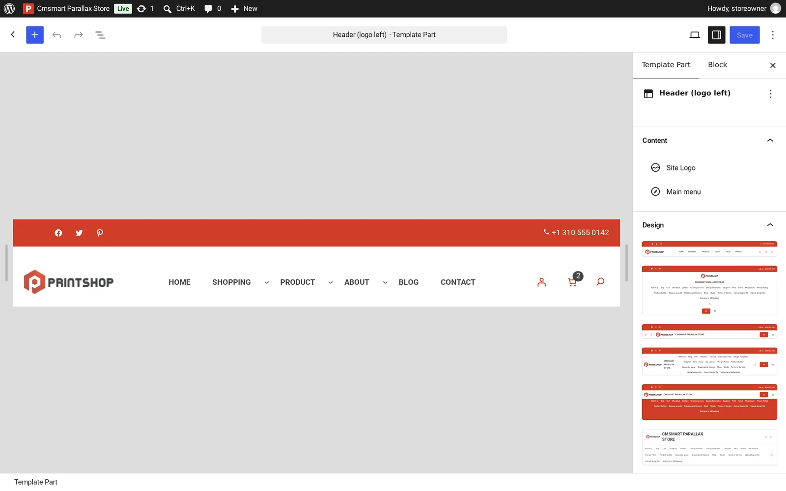 WordPress Site Editor open on the Cmsmart Parallax Store header template part, with Site Logo and Main menu blocks