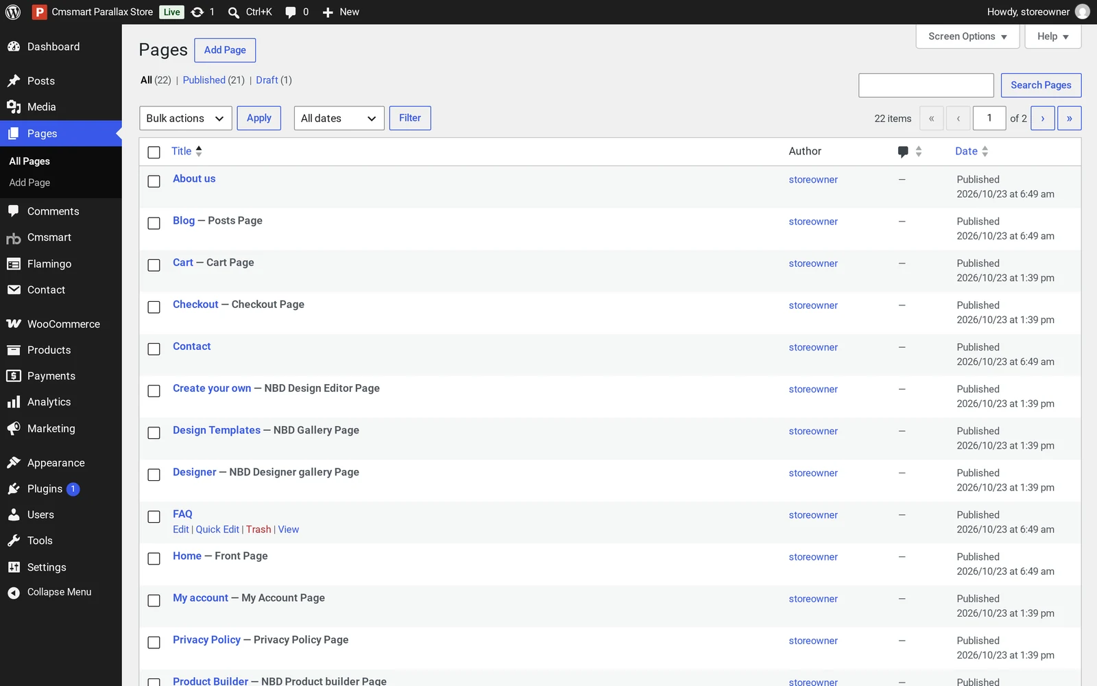 WordPress Pages list showing the pages created by the Cmsmart Parallax Store demo import