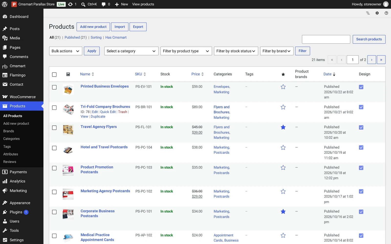 WordPress Products list with the Cmsmart Parallax Store demo catalogue of business cards and marketing print