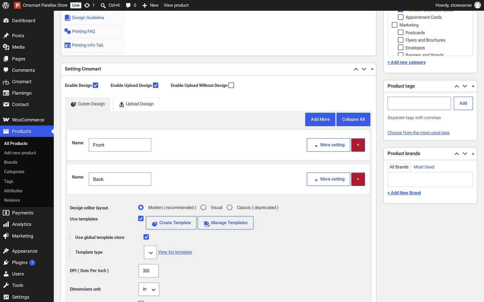 Cmsmart Product Designer settings on a WooCommerce product: Front and back design areas, modern editor layout, 300 DPI