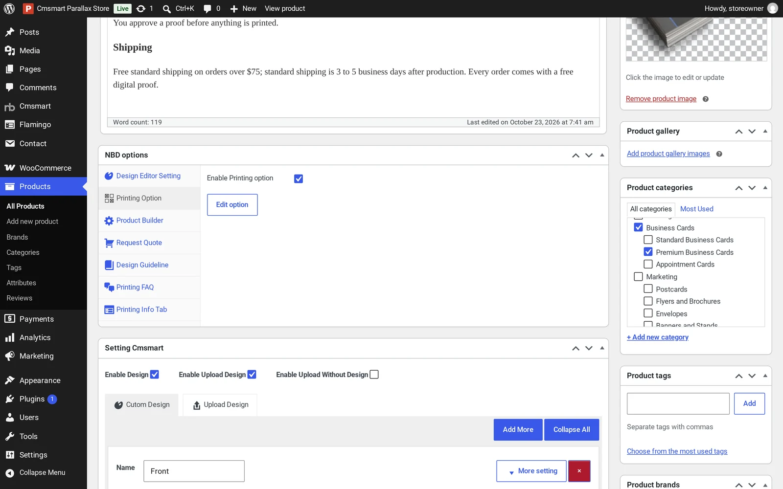 Cmsmart NBD options box showing the printing option set and product categories for a business card product