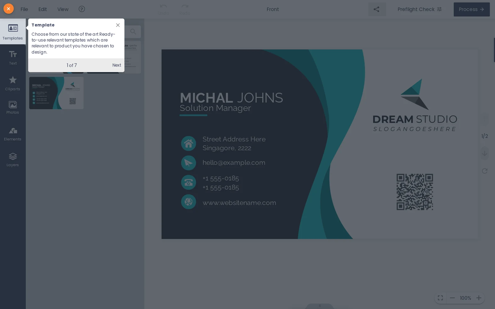 Cmsmart Product Designer open on a business card product, with Templates, Text, Cliparts and Layers tools