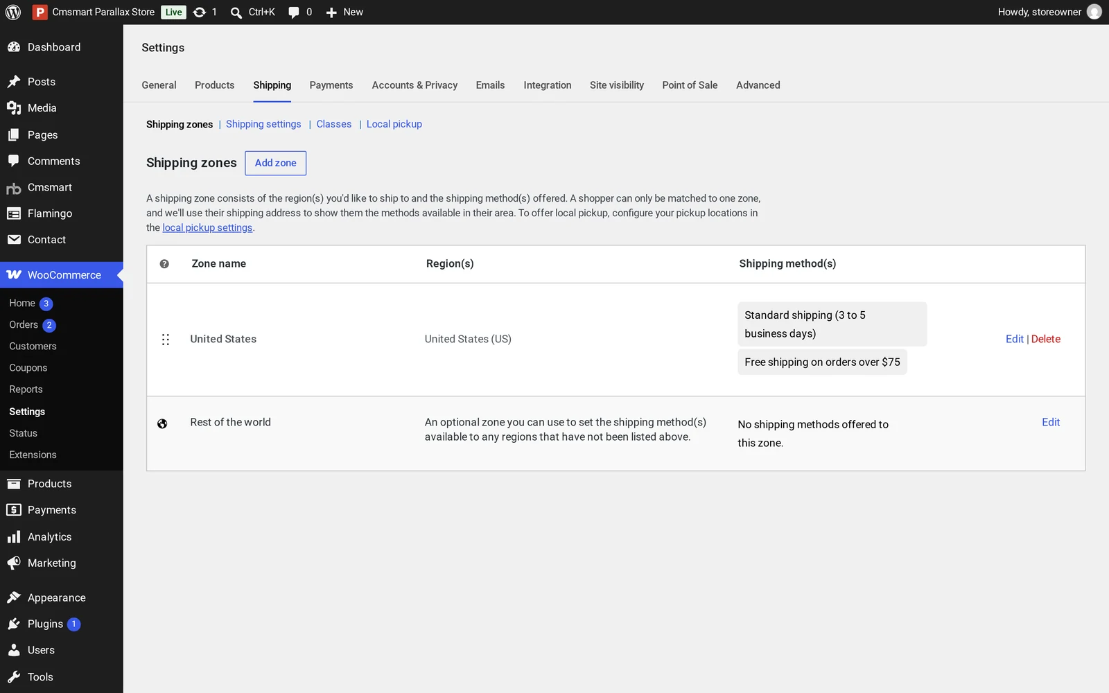 WooCommerce Shipping settings showing a United States shipping zone with standard shipping and free shipping over a threshold