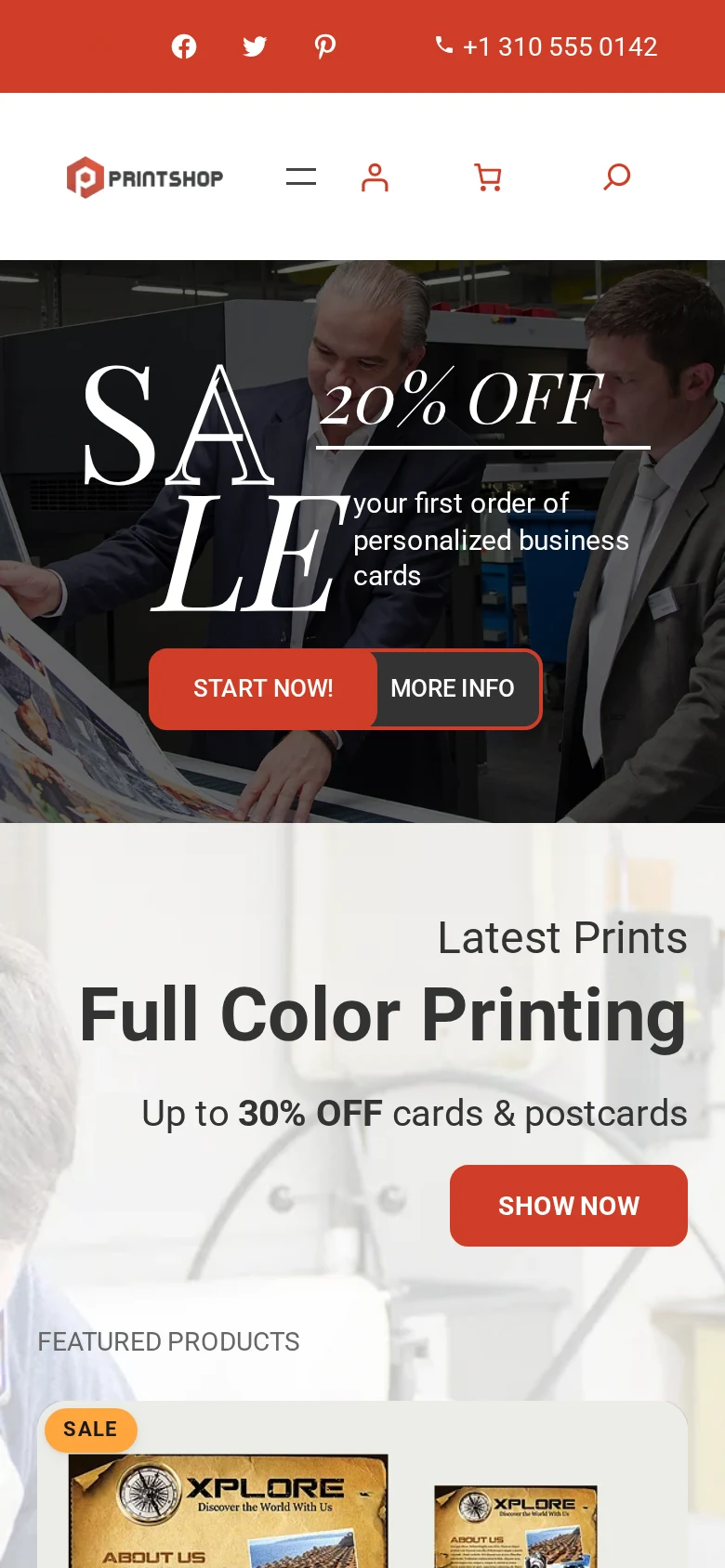 Cmsmart Parallax Store home page on a mobile screen, with the sale banner and Latest Prints section stacked