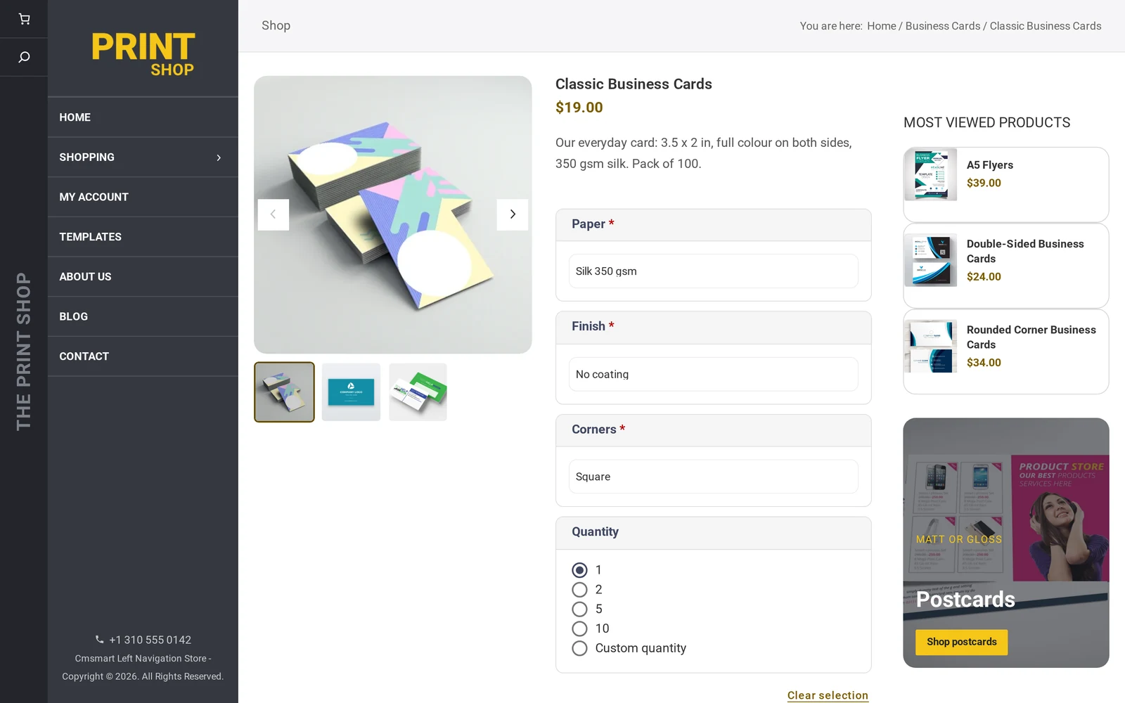 Product page of a designable business card with a Start Design button and printing options