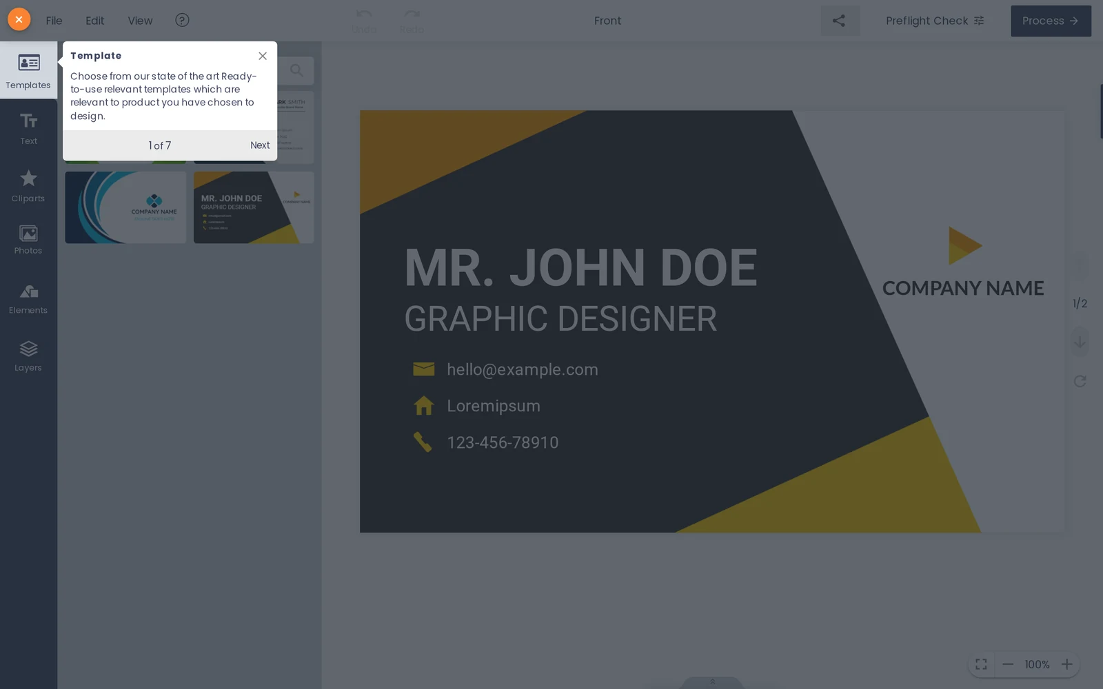 Cmsmart Product Designer open on a business card with templates, text and layer tools
