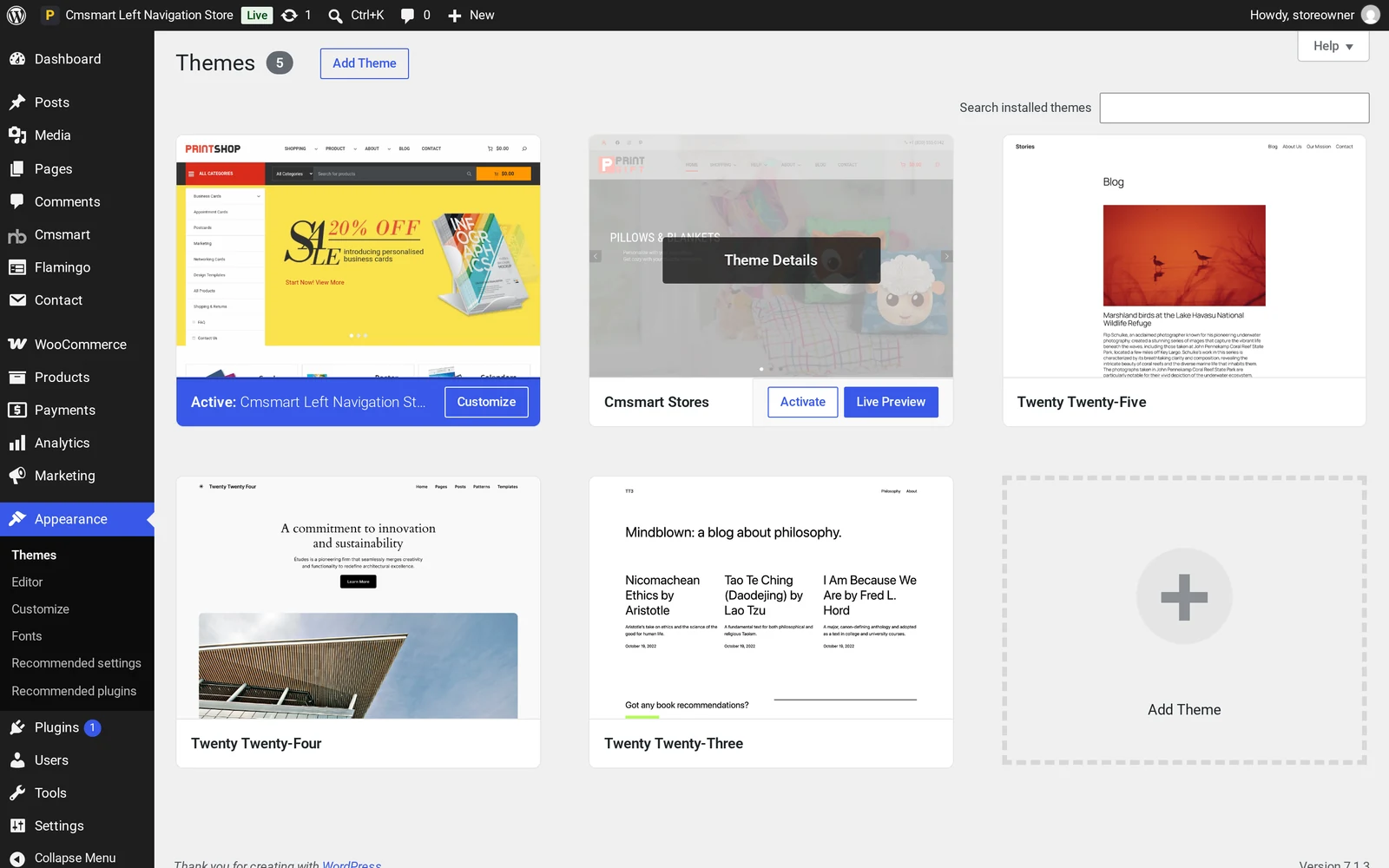 WordPress Appearance Themes screen with Cmsmart Left Navigation Store active beside its parent theme
