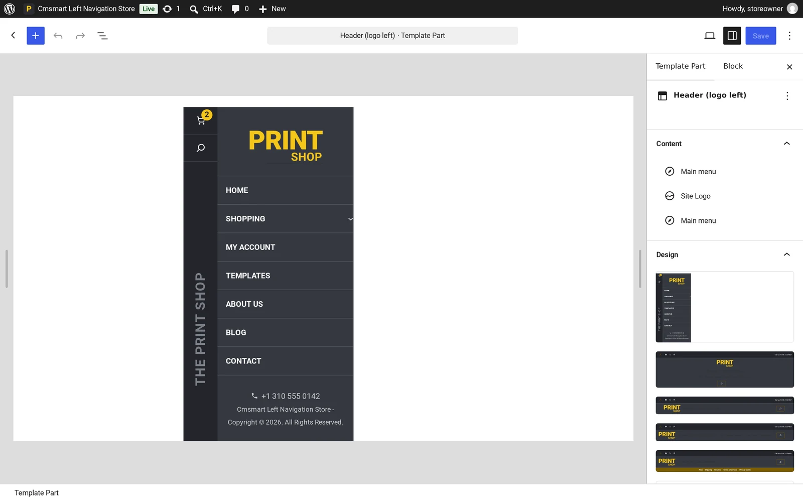 WordPress Site Editor open on the header template part of the left sidebar menu theme