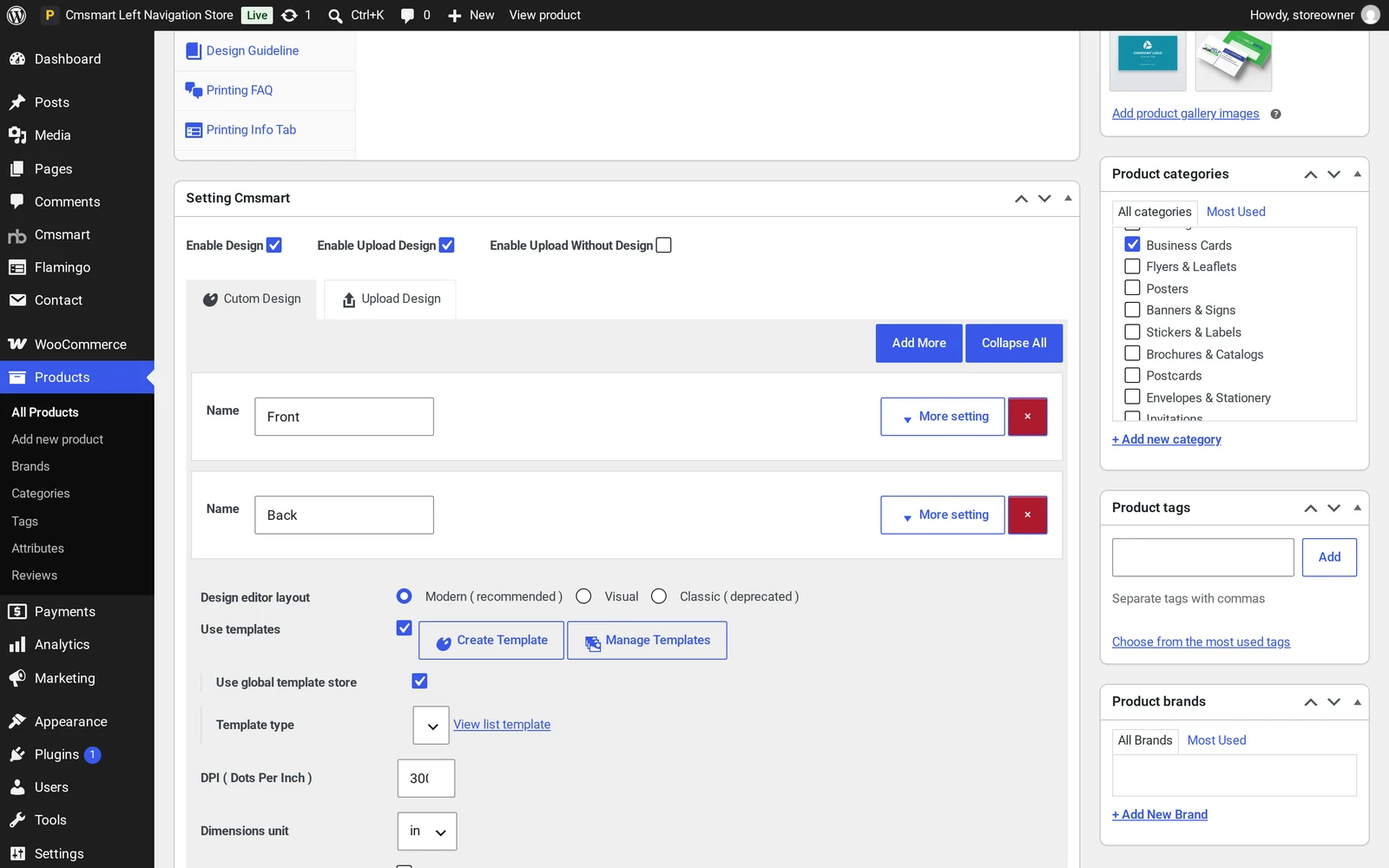 WordPress product edit screen showing the Cmsmart Product Designer settings tab on a business card product