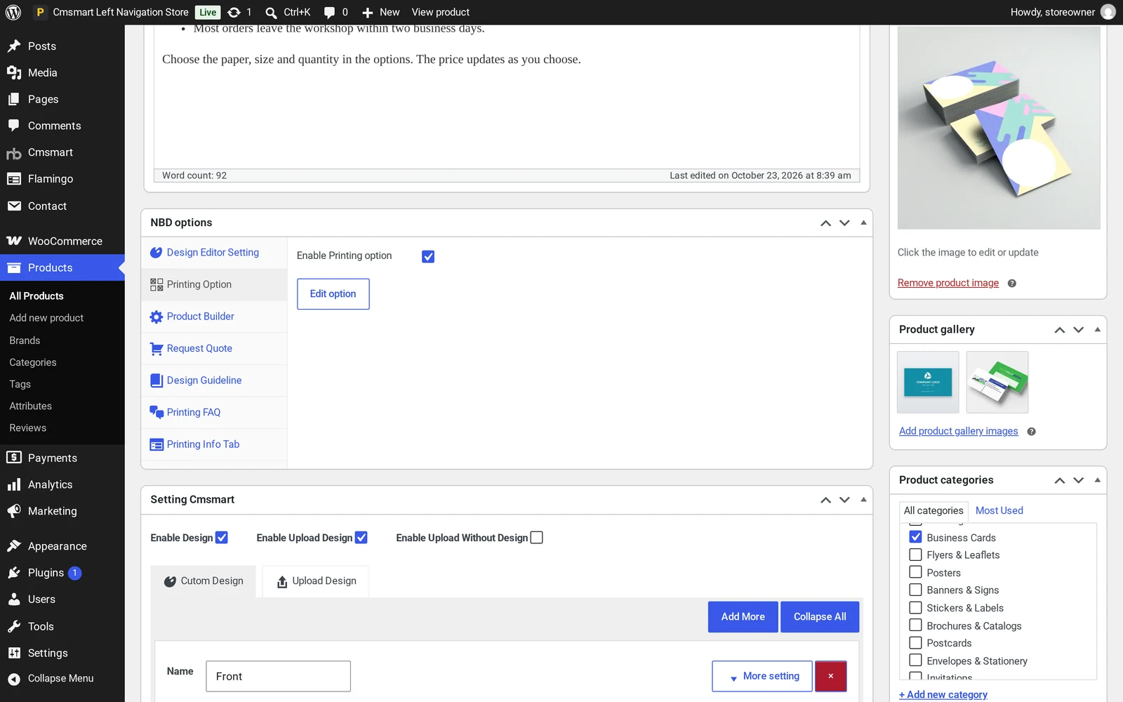 Cmsmart printing options panel on a product edit screen with an Edit option button