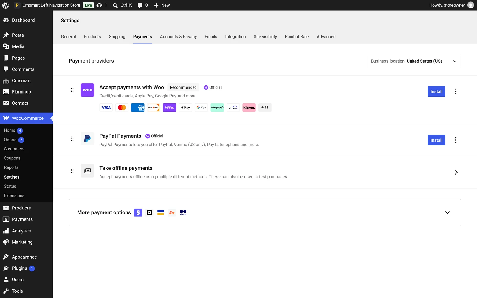 WooCommerce Payments settings screen listing payment providers to install