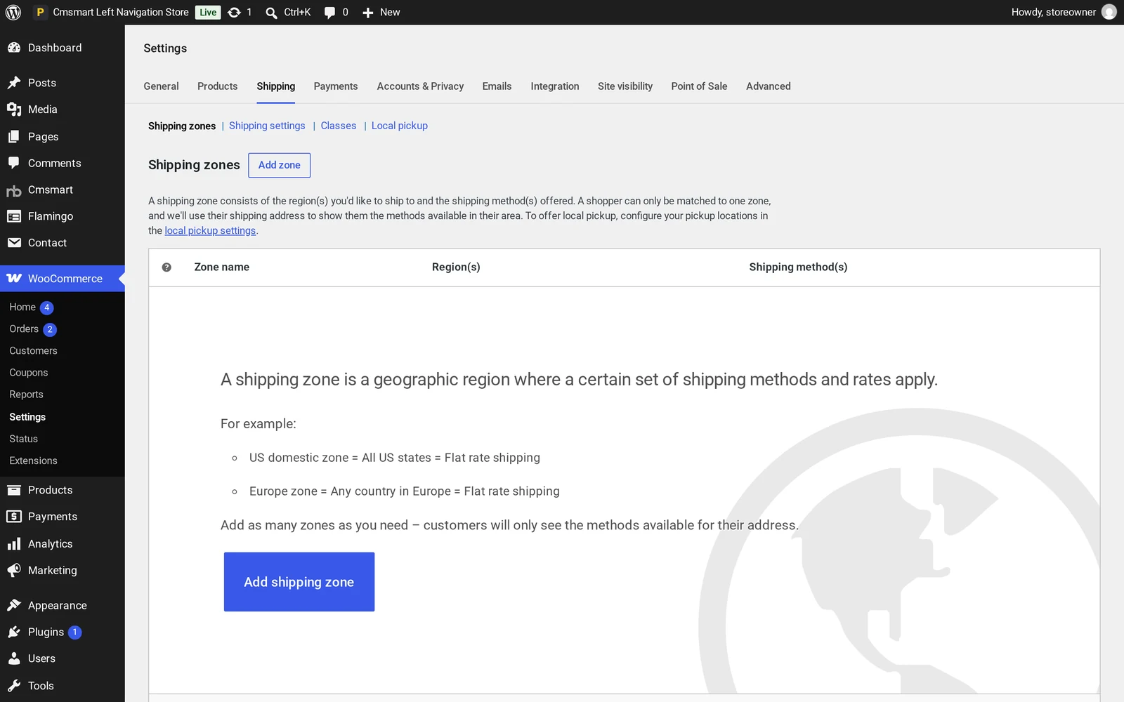 WooCommerce Shipping Zones settings screen with an Add shipping zone button