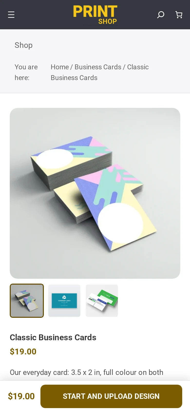 Mobile product page of a WooCommerce store with left sidebar menu, printing options and a Start and Upload Design button