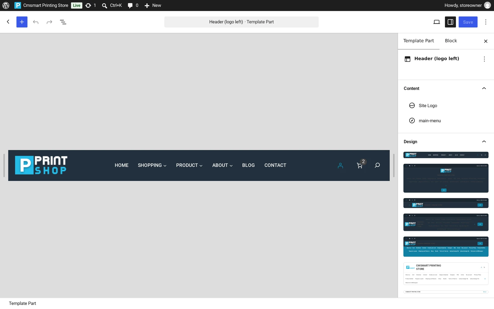 WordPress Site Editor open on the Cmsmart Printing Store header template part showing the Site Logo block and main menu