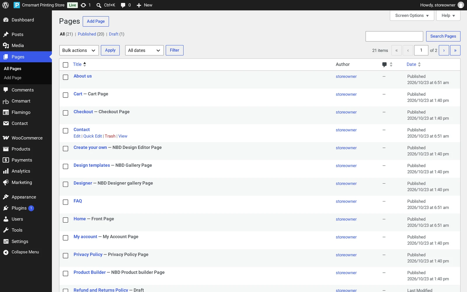 WordPress Pages list showing the pages imported by Store Setup v2 for the Cmsmart Printing Store, including Home, Cart, Checkout and FAQ