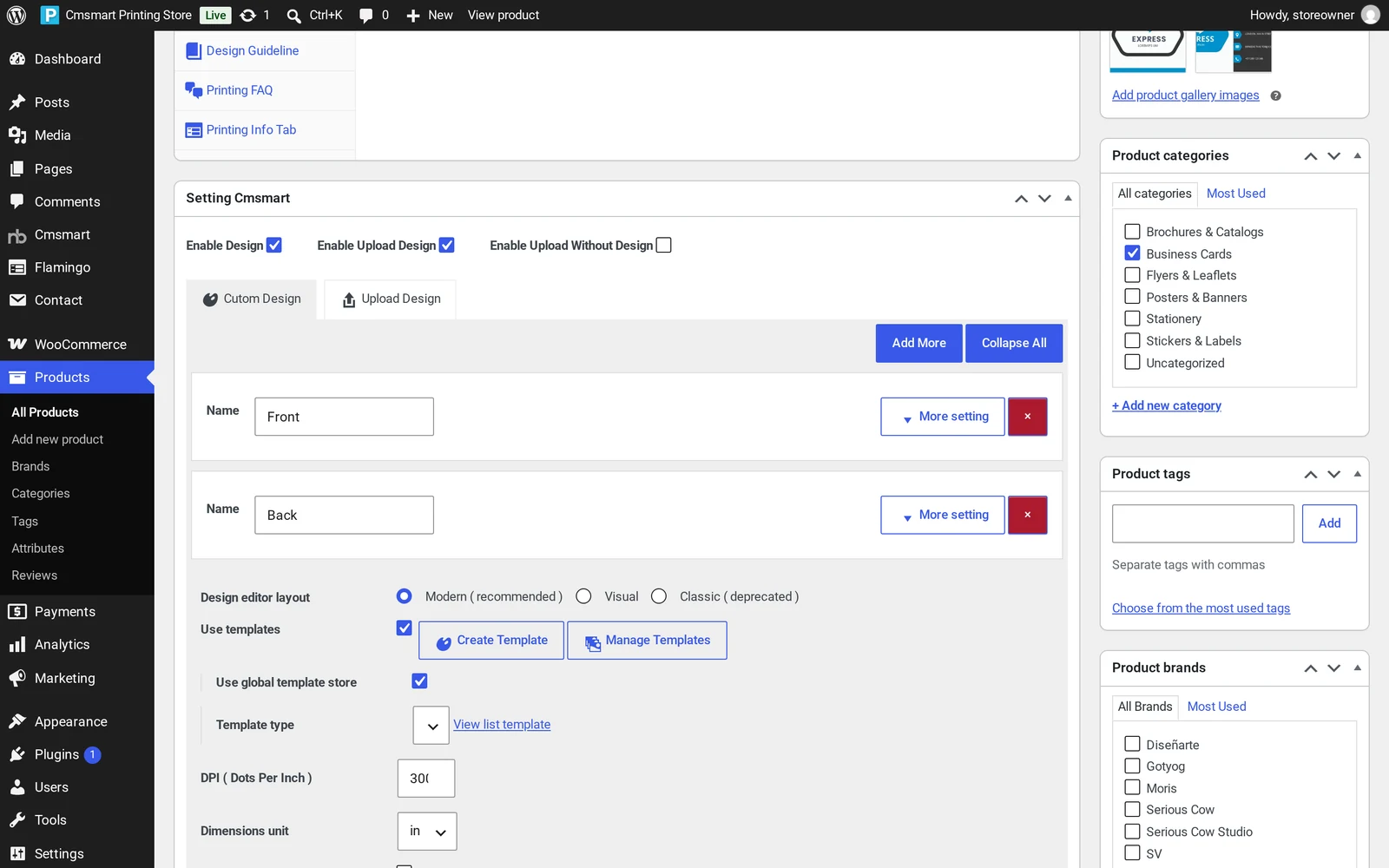 Cmsmart Printing Store product edit screen showing the NBD options box with Design Editor Setting, Printing Option, Product Builder and Request Quote tabs