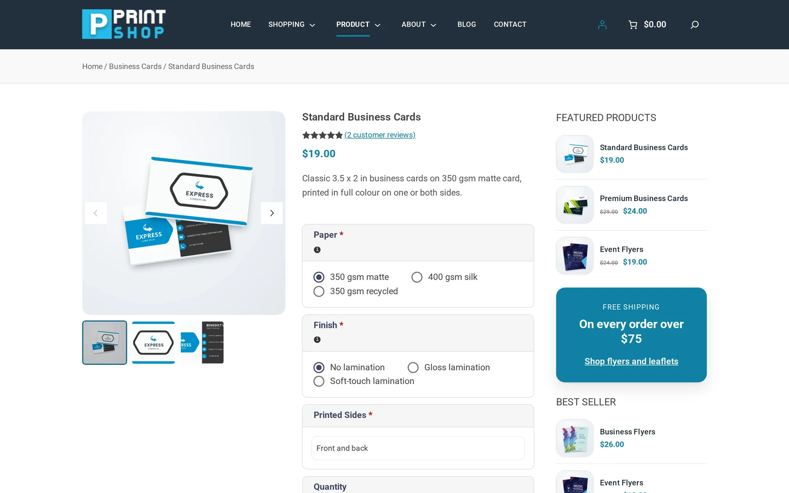 Standard Business Cards product page showing paper, finish and printed sides options before adding to cart