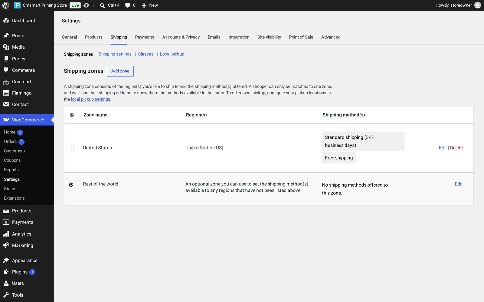 WooCommerce Settings Shipping tab showing a United States shipping zone with standard shipping and free shipping methods