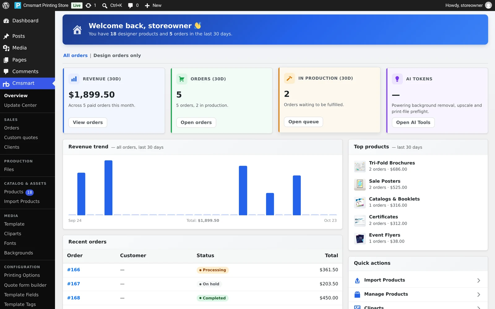 Cmsmart Overview dashboard showing revenue, orders, in-production queue, AI tokens and recent orders