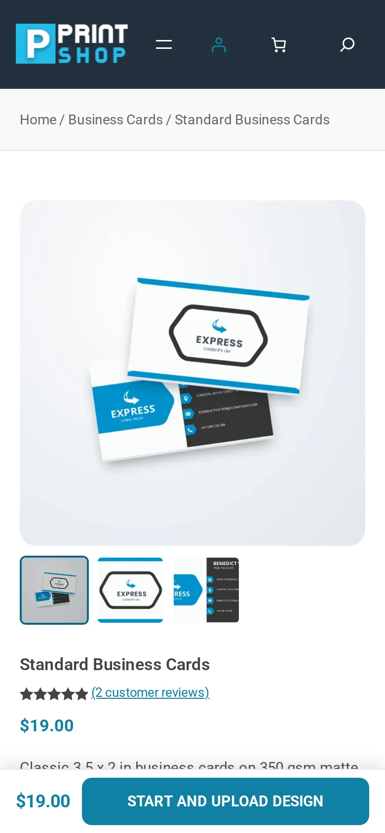 Standard Business Cards product page on a mobile phone screen with a Start and Upload Design button