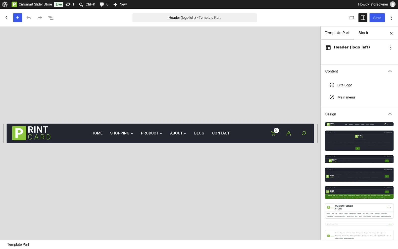 WordPress site editor open on the Cmsmart Slider Store header template part with the Site Logo and Main menu blocks