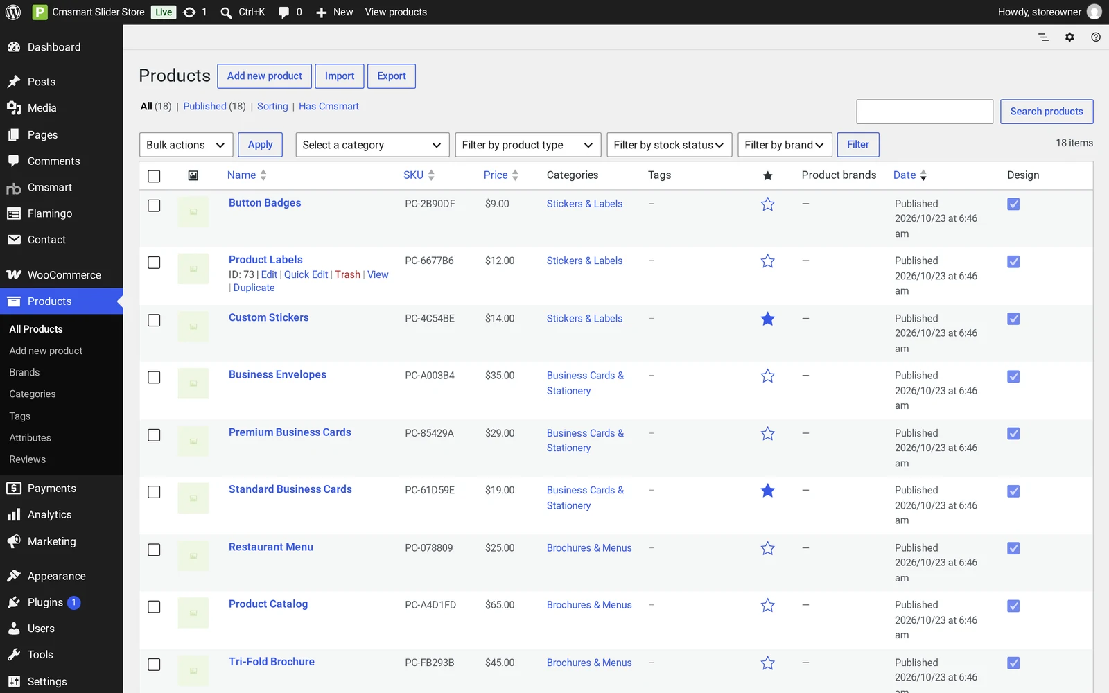 WordPress Products list showing the sample catalogue products with prices and categories for the Cmsmart Slider Store