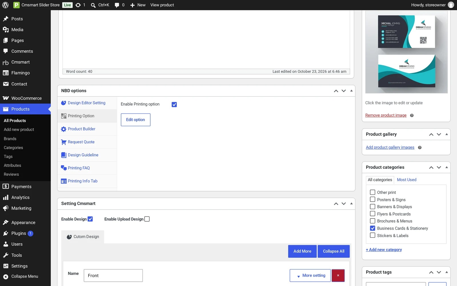 Cmsmart Product Designer NBD options box on a WooCommerce product, showing Printing Option, Request Quote and the Setting Cmsmart Enable Design and Enable Upload Design checkboxes