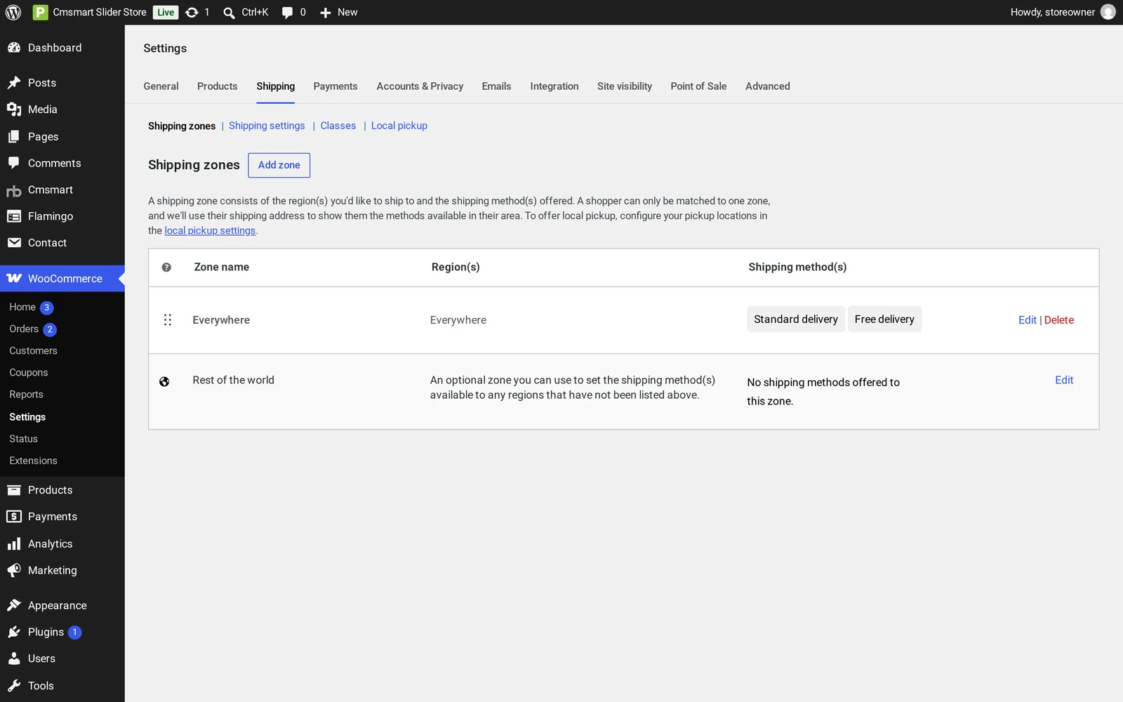 WooCommerce Shipping zones screen with an Everywhere zone and a Rest of the world zone