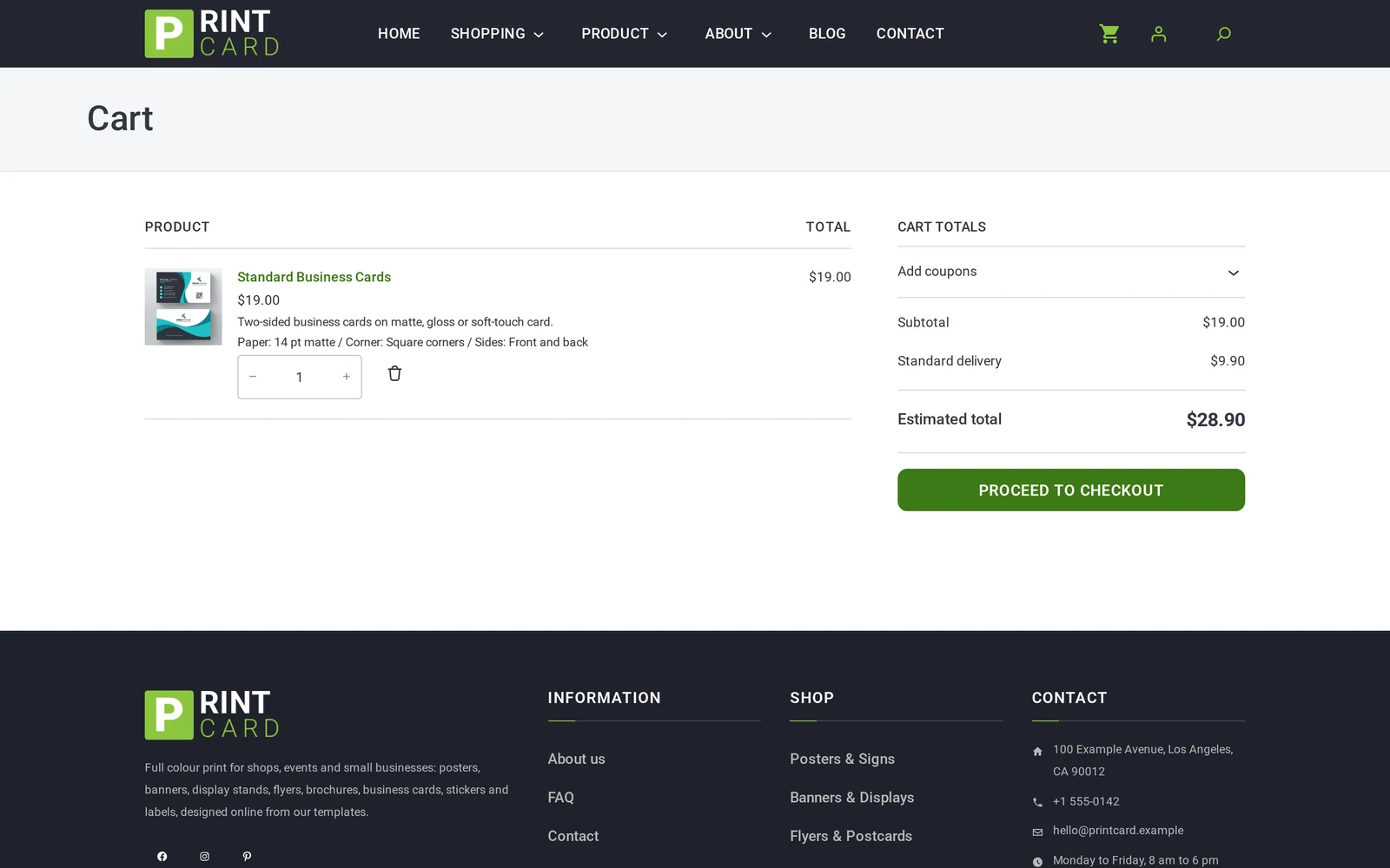 WooCommerce cart page showing a designed product with its printing options and an estimated total