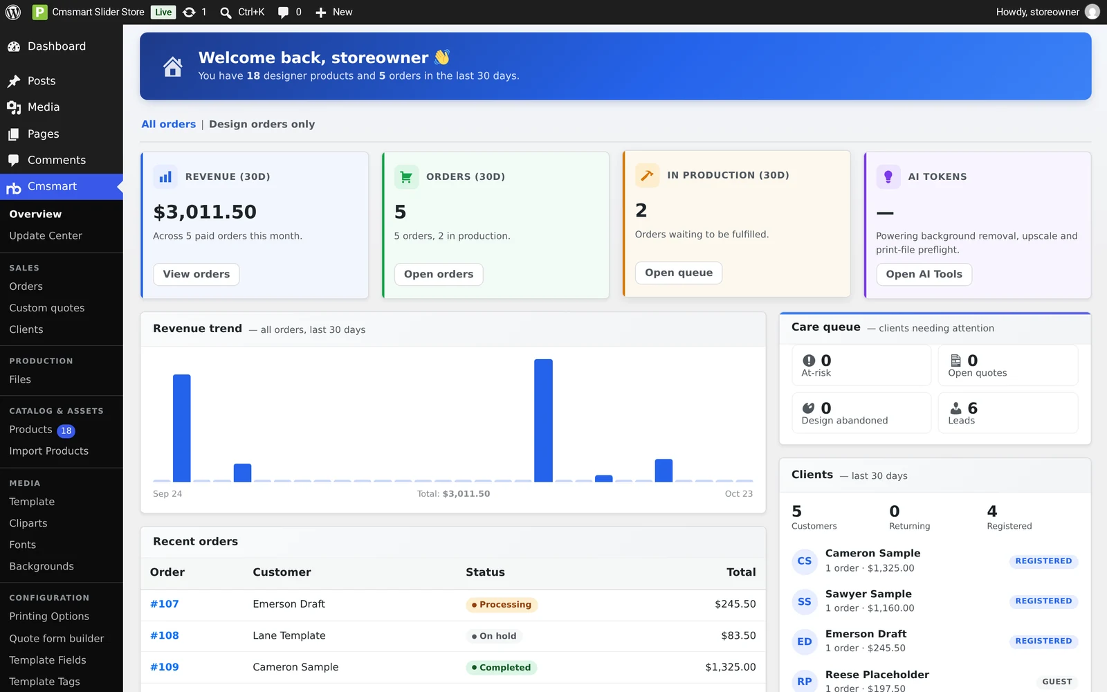Cmsmart Overview dashboard in wp-admin showing revenue, orders, in-production count and a recent-orders list