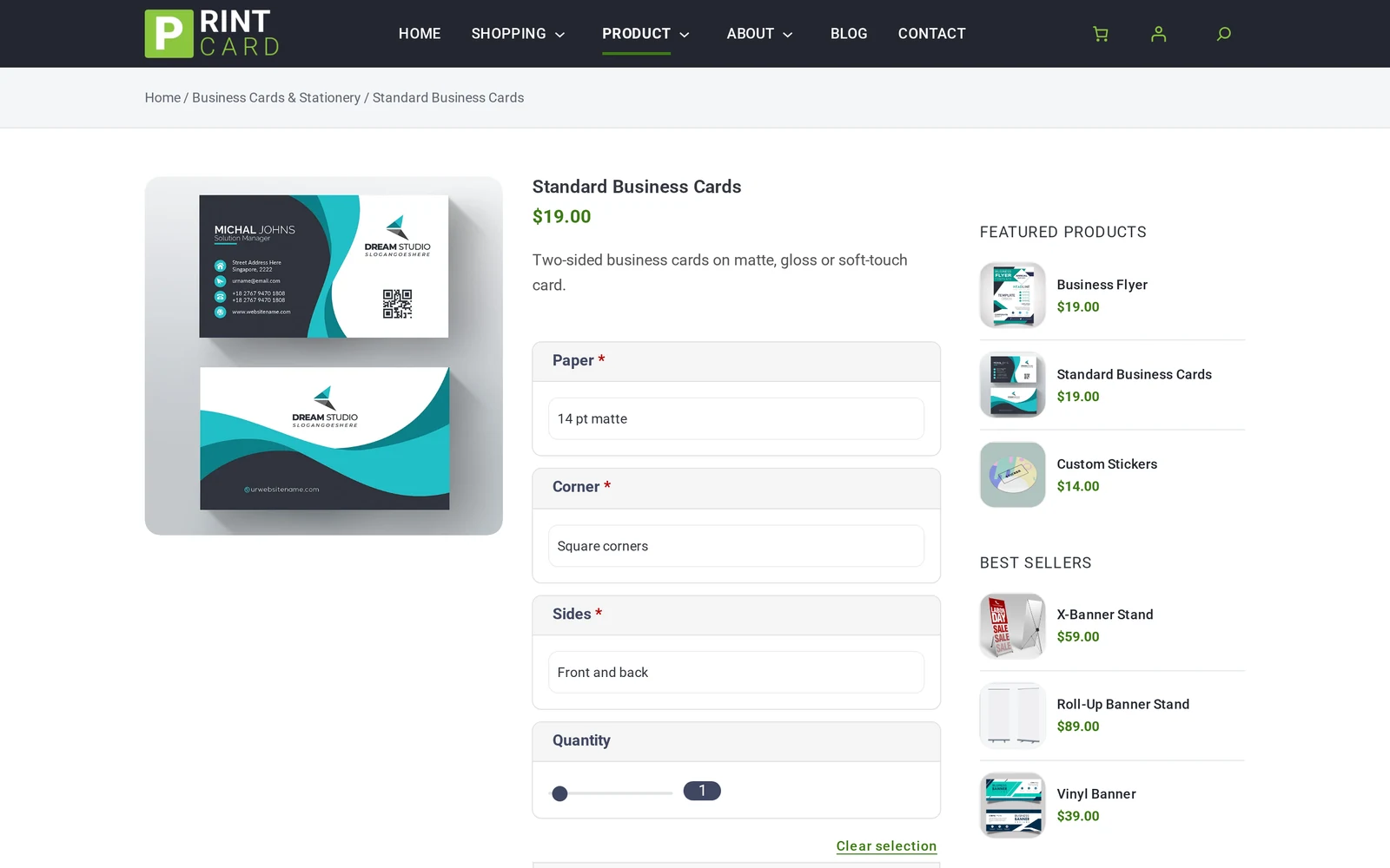Cmsmart Slider Store product page for a designable print product with a Start Design button and printing options