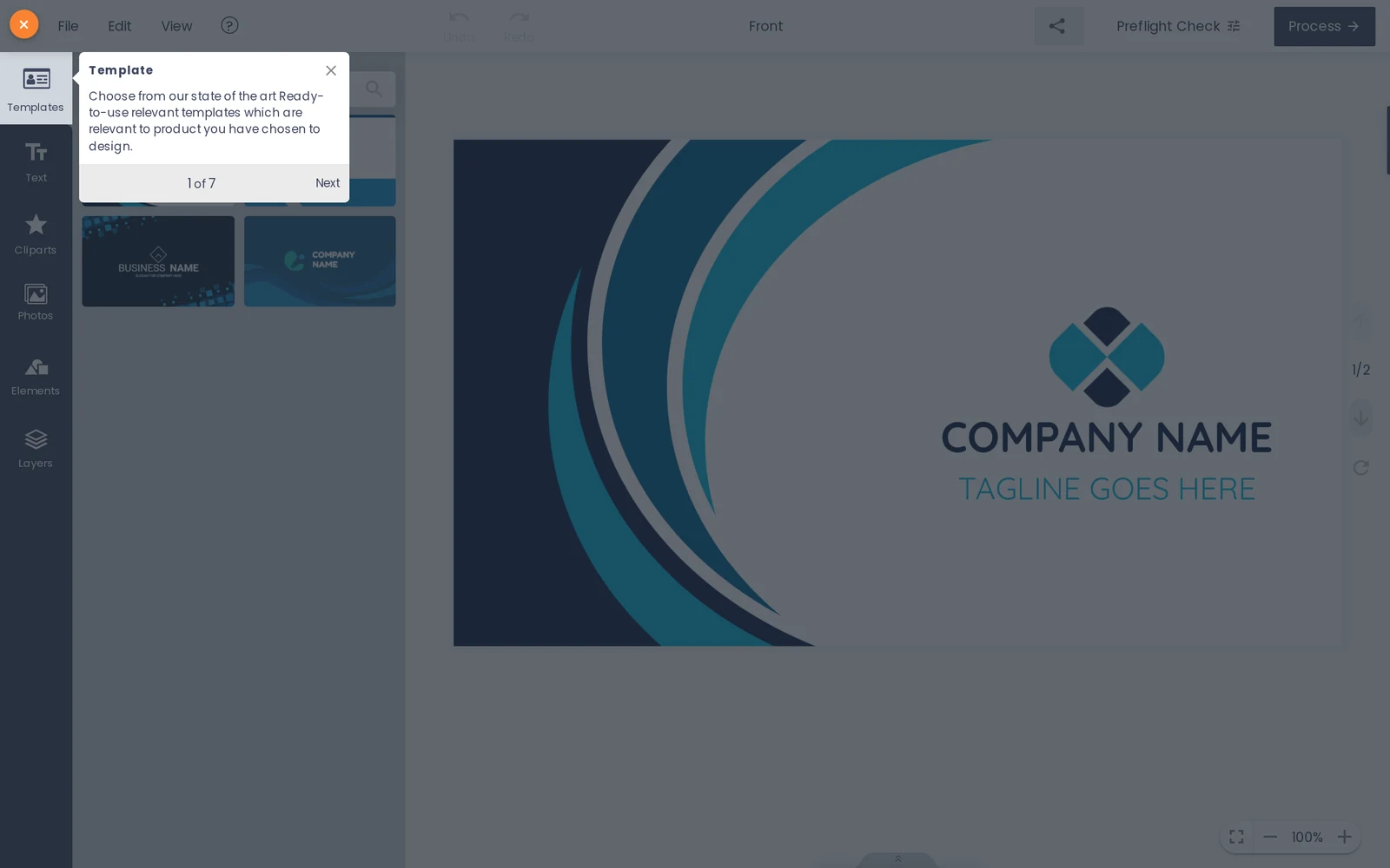 Cmsmart Product Designer open on a product with Templates, Text, Cliparts, Photos, Elements and Layers tools