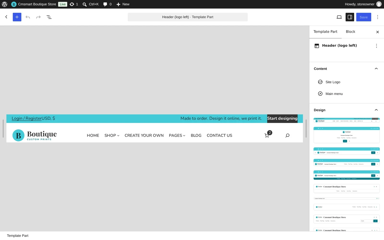 Editing the Cmsmart Boutique Store header template part in the WordPress site editor
