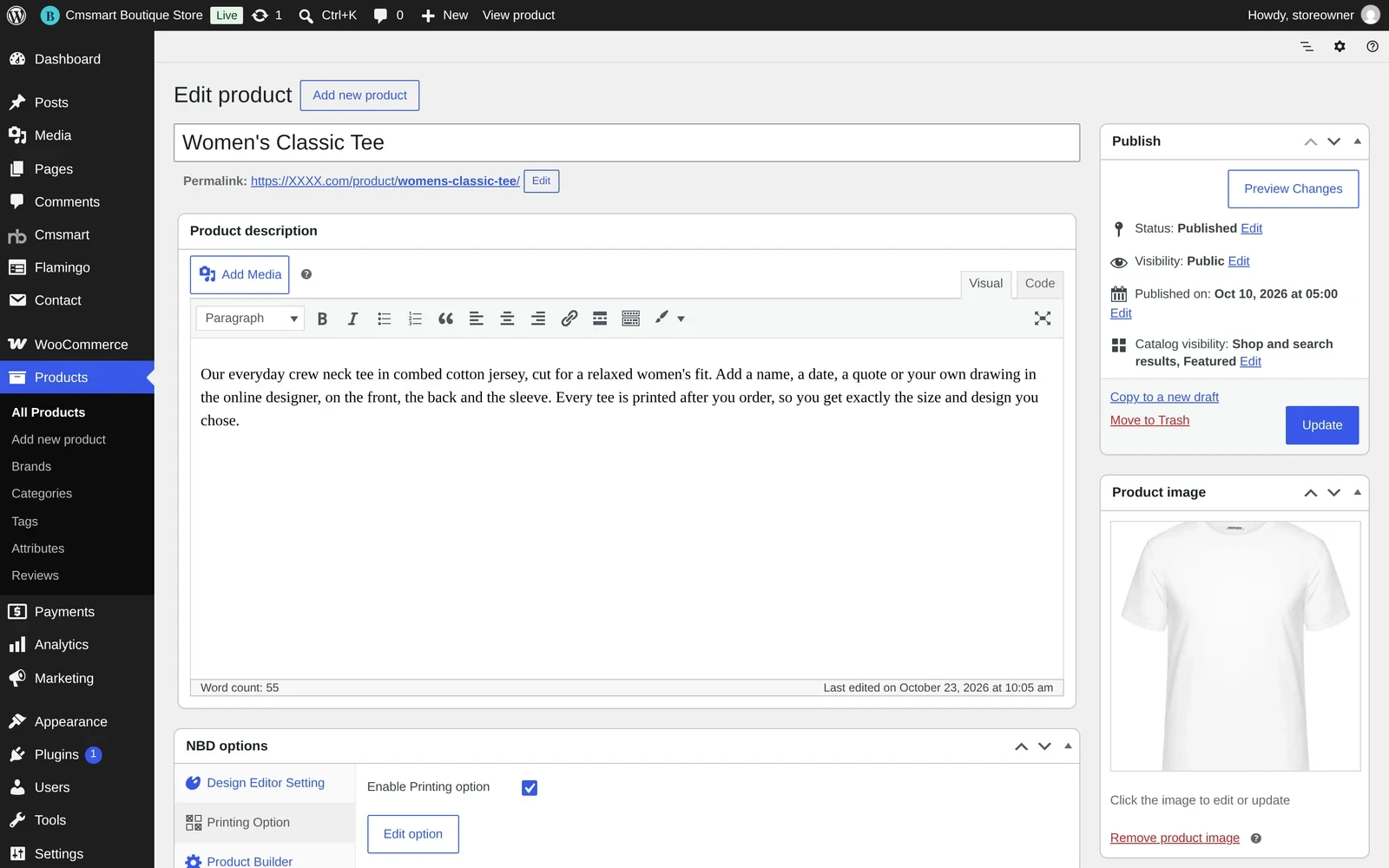 Editing the demo product Women's Classic Tee in WordPress, with title, description and product image