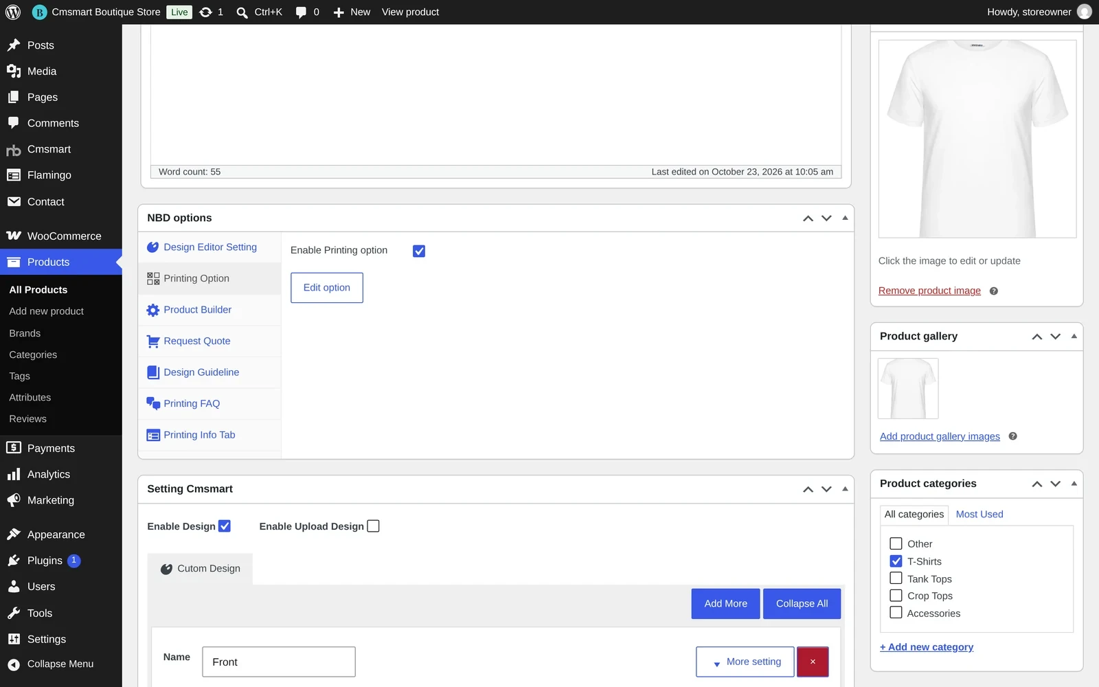 The NBD options box on a product, showing Printing Option, Product Builder, Request Quote, Design Guideline and Printing FAQ tabs