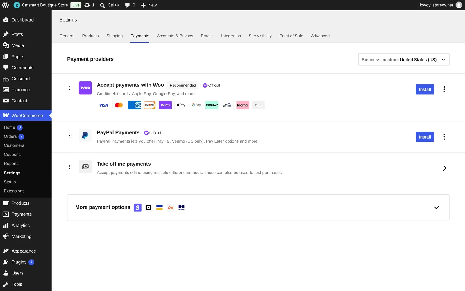 WooCommerce Payments settings listing Woo-recommended payment methods, PayPal Payments and offline payments