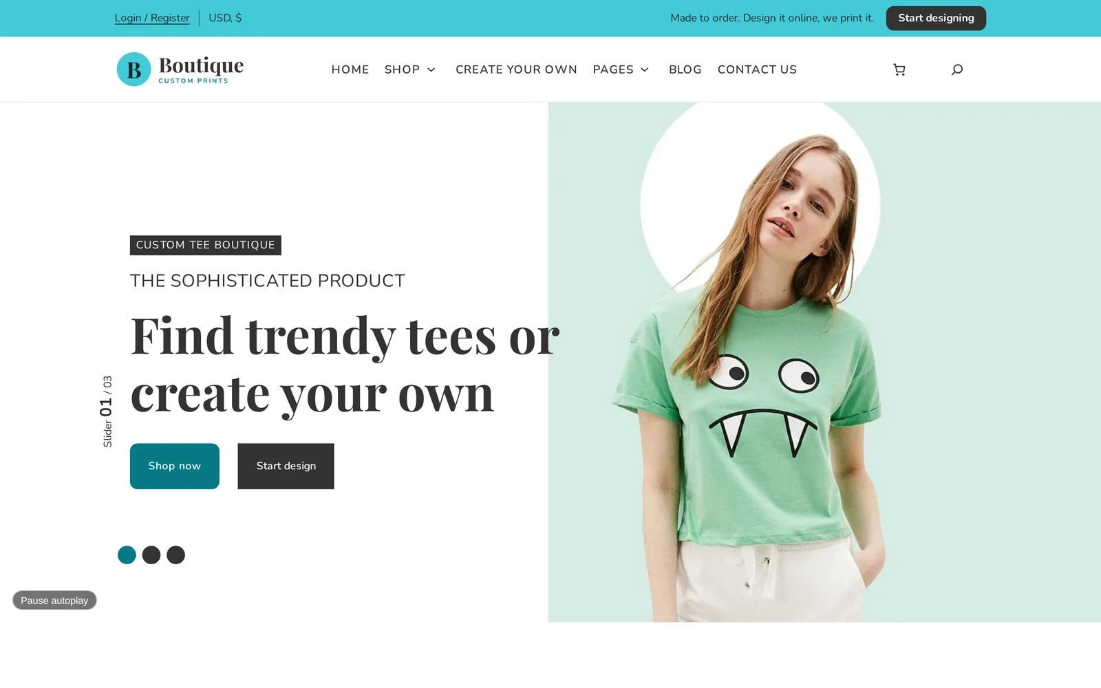 Homepage of a custom apparel boutique WooCommerce setup, with a hero slider, Shop now and Start design buttons