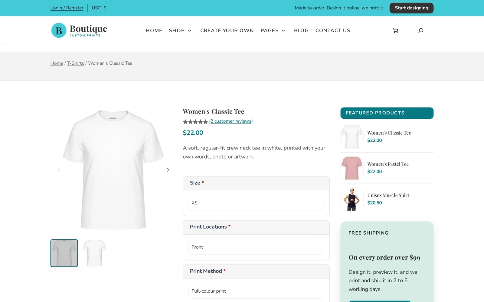 Women's Classic Tee product page on the storefront with size, print location and print method options and a price
