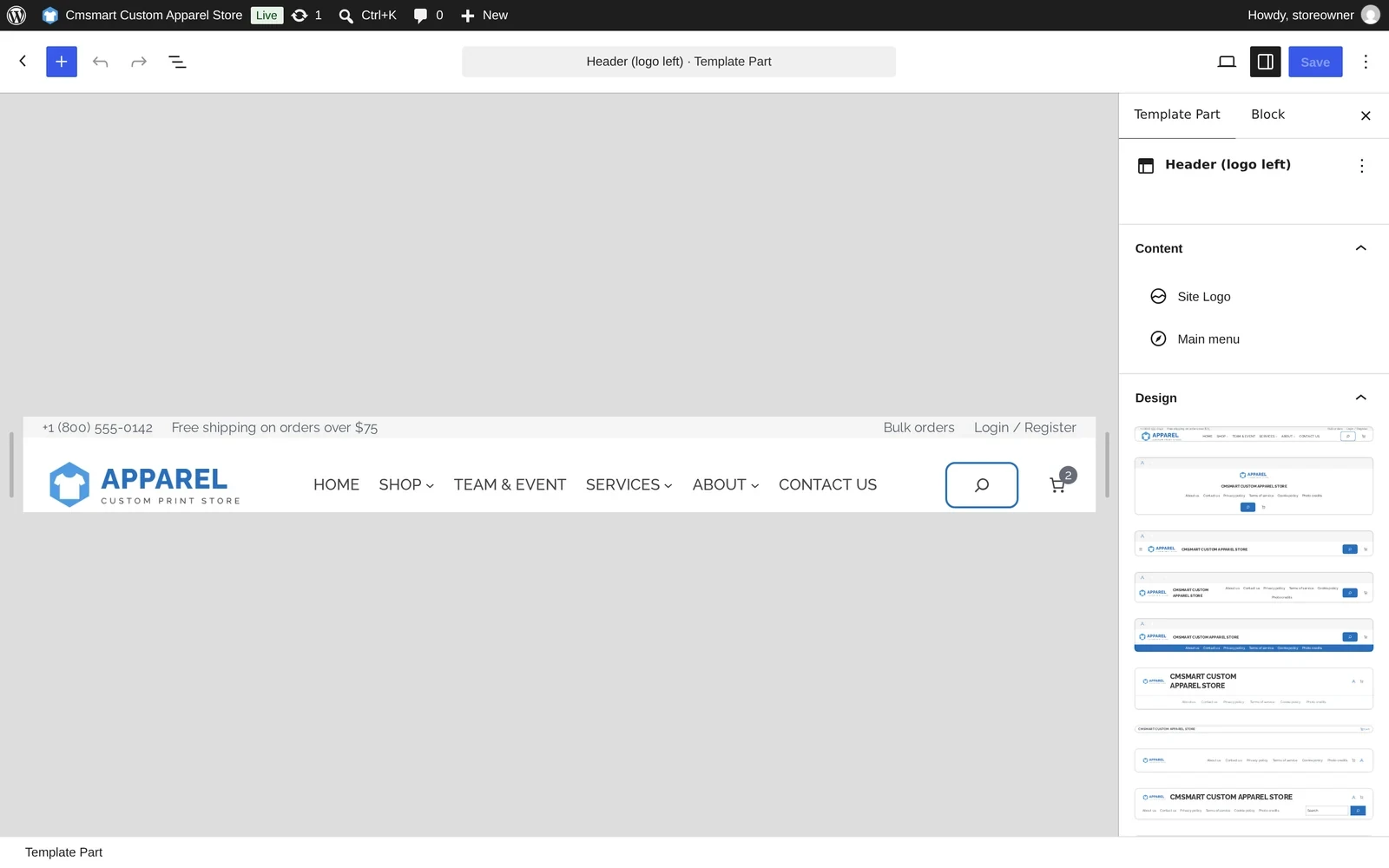 Custom t-shirt WooCommerce store setup: WordPress site editor open on the Header template part, with the Site Logo and Main menu blocks