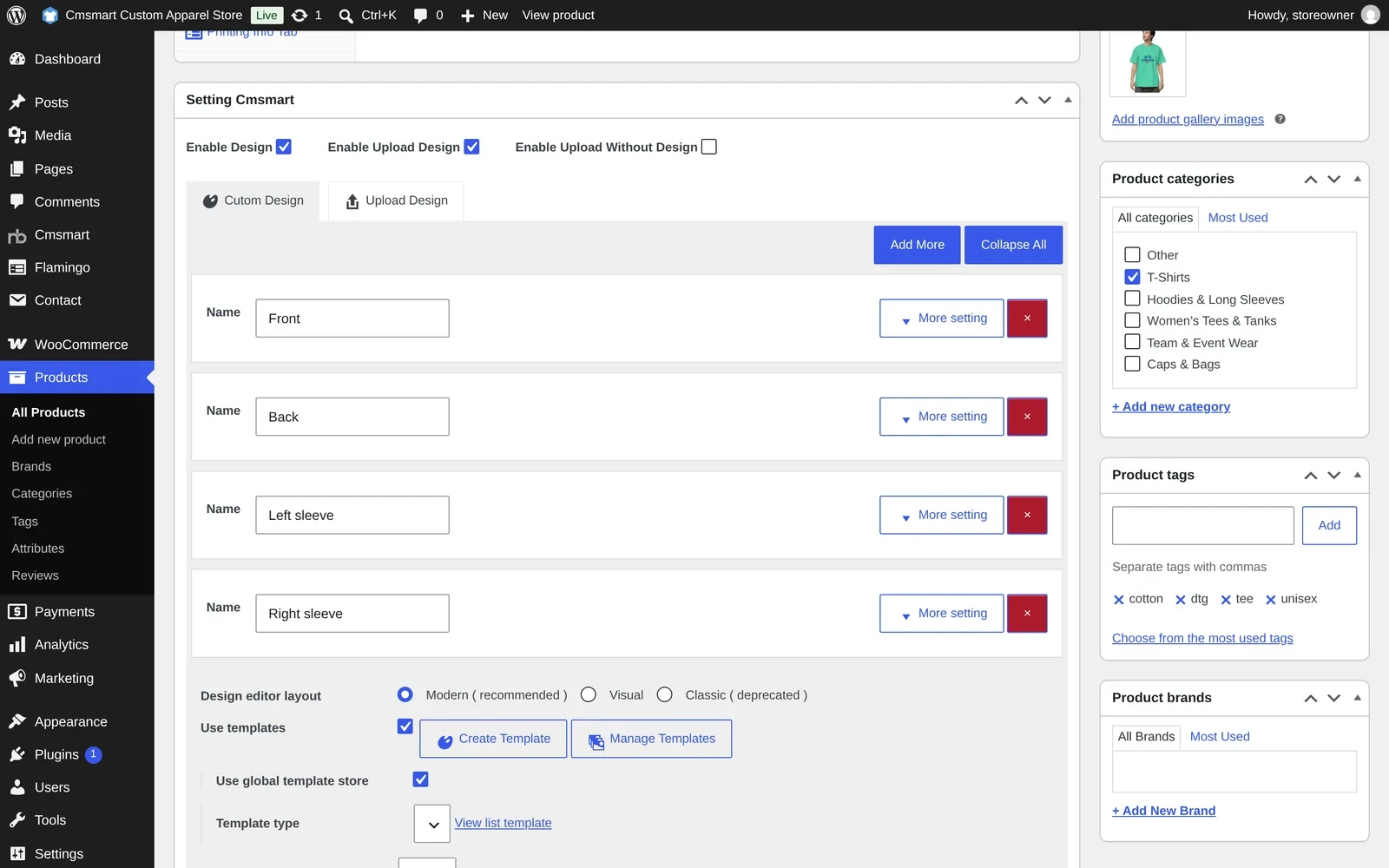 Cmsmart Product Designer settings on a WooCommerce product: Front, Back, Left sleeve and Right sleeve design areas