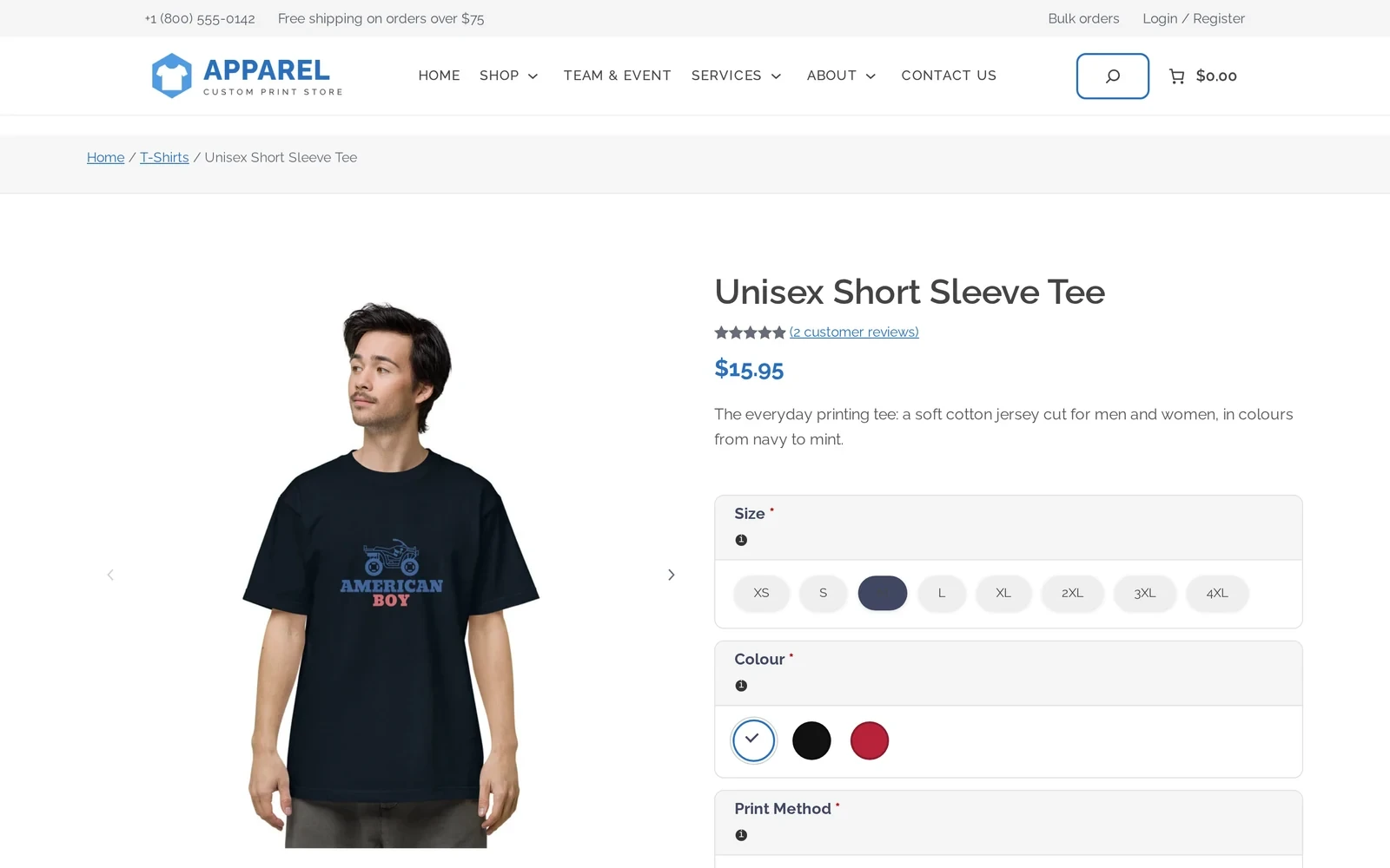 Product page for the Unisex Short Sleeve Tee with size, colour and print method options above the price