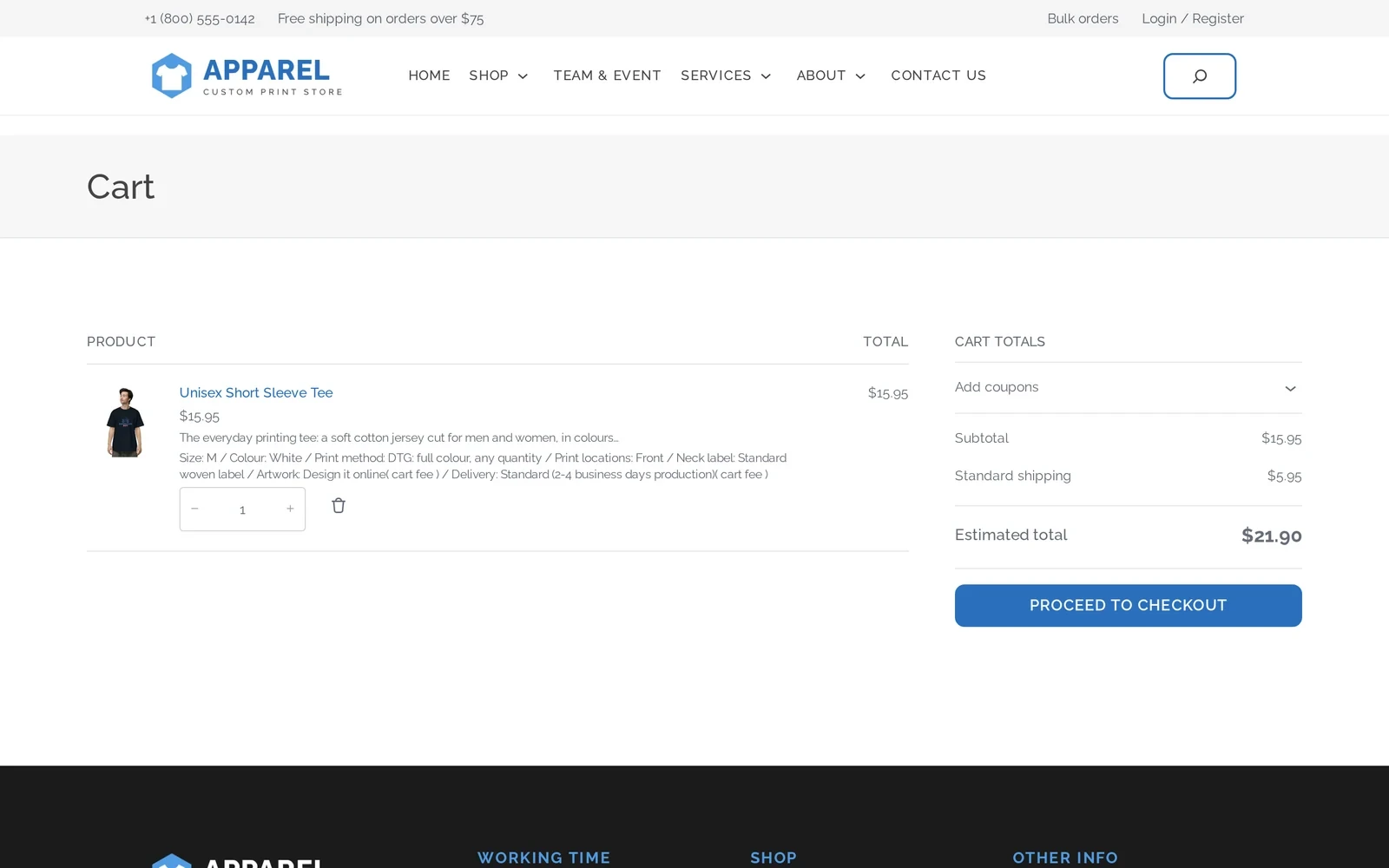 WooCommerce cart line item listing size, colour, print method, print location, neck label and delivery choices